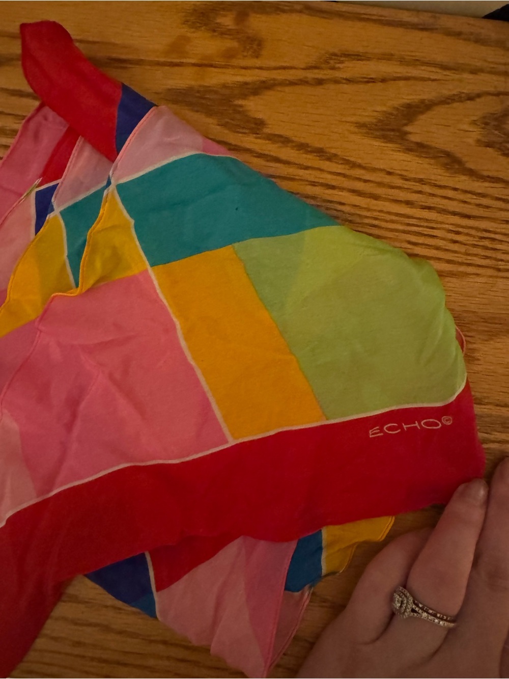 Echo Patchwork Colorblock Silk Scarf in Red, Pink, Teal and Yellow